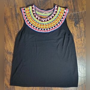 Soft Surroundings Womens XL Carnival Top Black Knit Sleeveless Embroidered neck